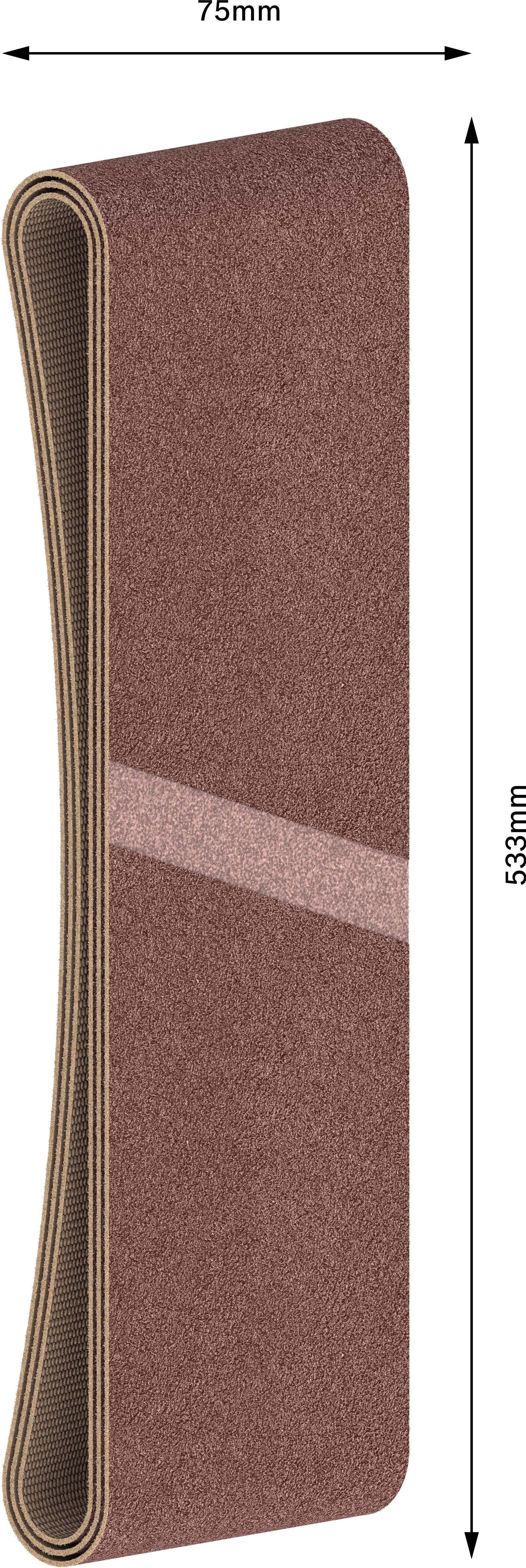 Zobrazen je brusný pás o rozměrech 75 mm šířka a 533 mm délka. Pás má drsný, hnědý povrch.