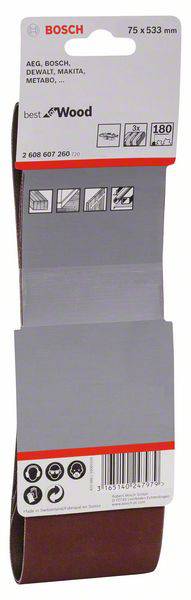 'Tři brusné pásy, 75 x 533 mm, zrnitost 180, vhodné pro dřevo od různých výrobců. Vyobrazené s firemními logy a symboly.'