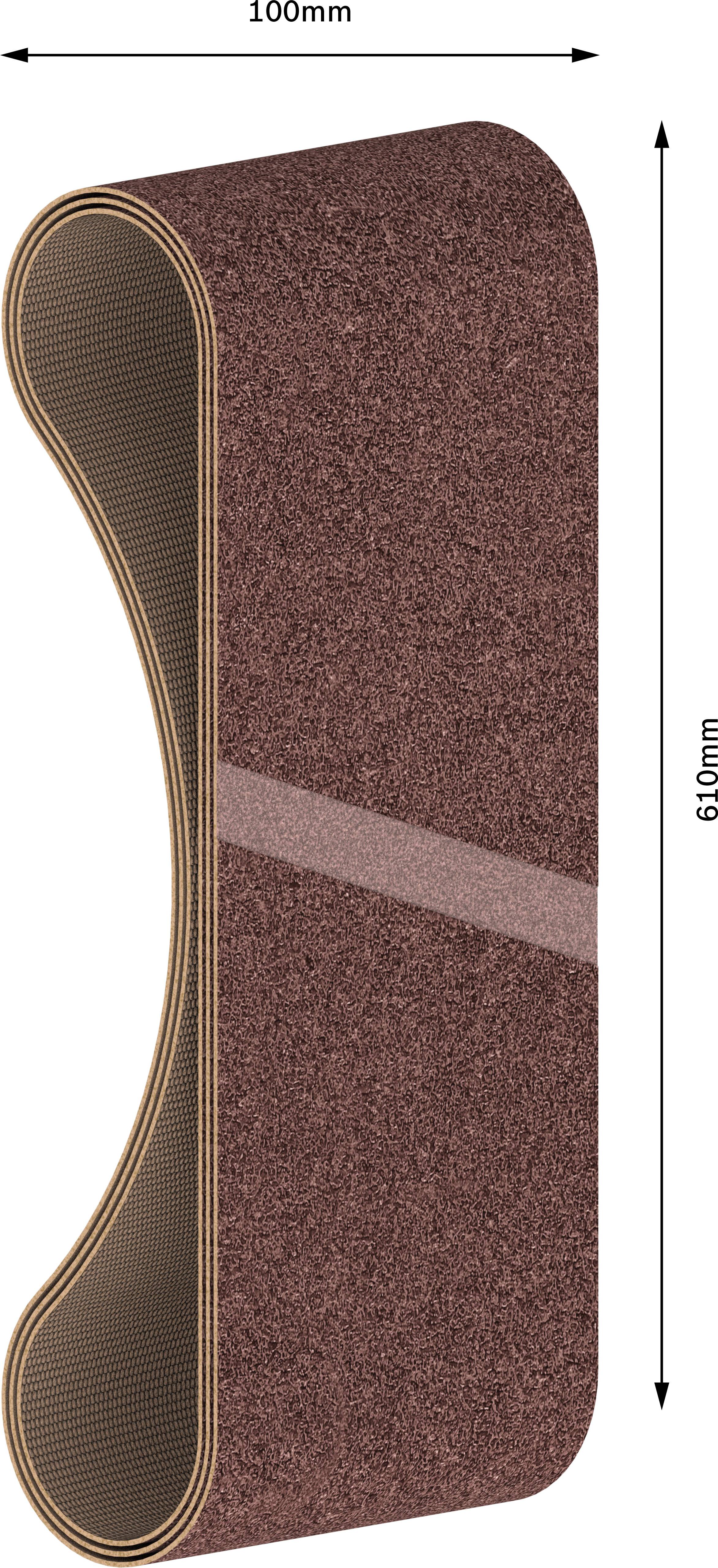 Brusný pás o rozměrech 100 mm šířka a 610 mm délka, hnědý, s texturovaným povrchem, zobrazený s délkou a šířkou.