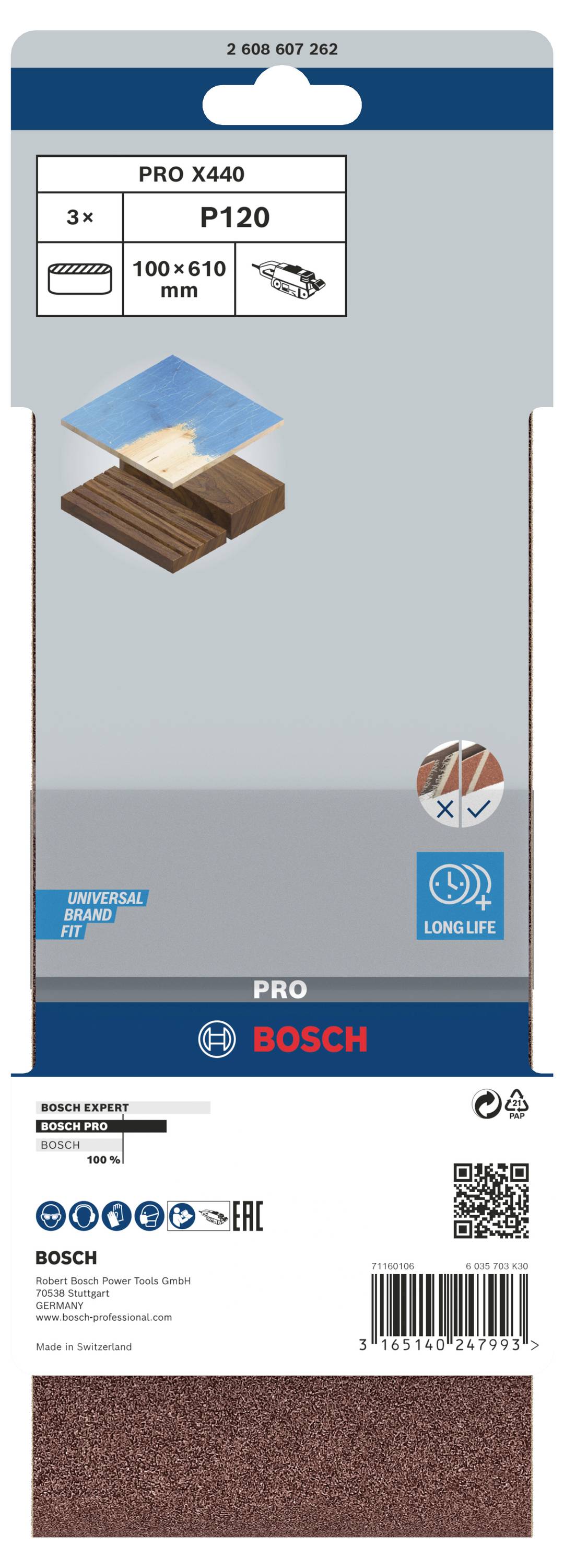 'Bosch brusný pás PRO X440', 3 kusy, P120, velikost 100 x 610 mm, pro dřevo, dlouhá životnost. Obrázek brusného pásu v použití.