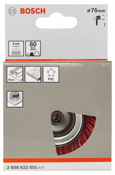 Obal brusného kotouče Bosch o průměru 75 mm pro kov a PVC. Obsahuje symboly pro použití a popis materiálu.