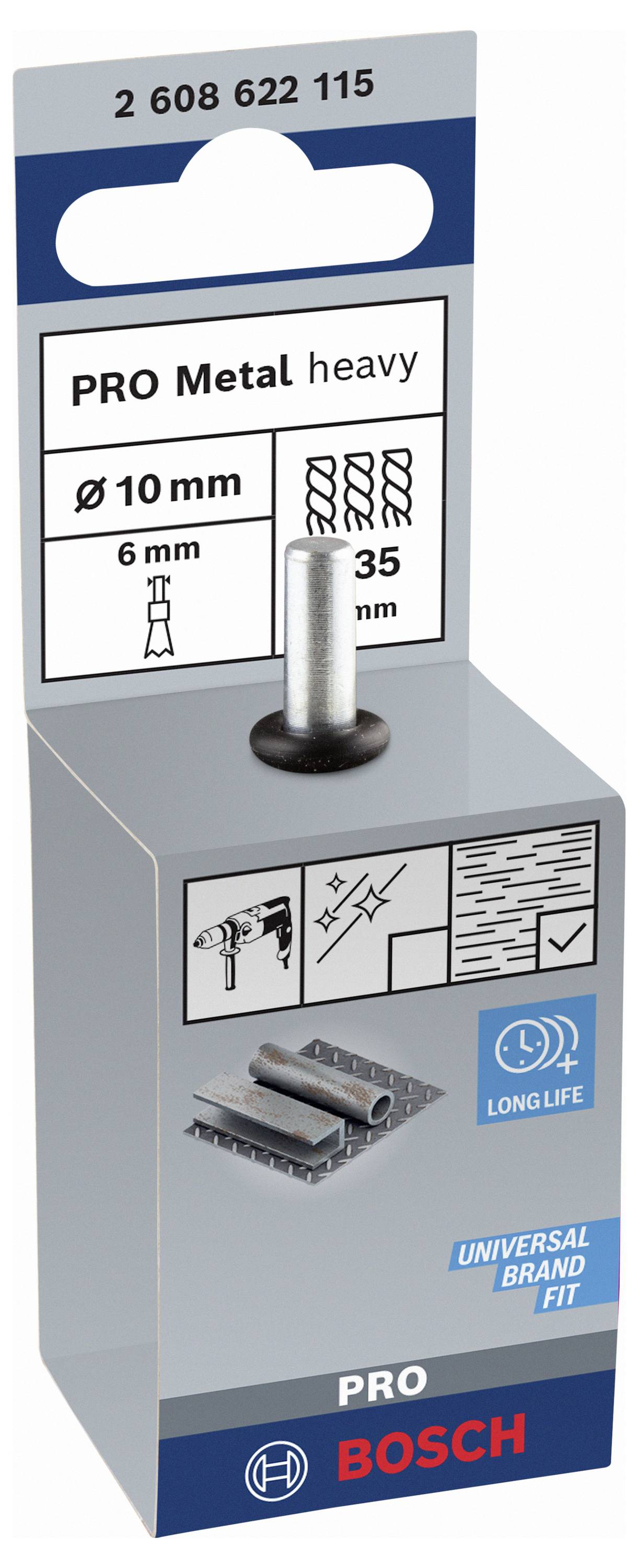 Balení vrtáků od Bosch pro aplikace na kov. Na krabici je nápis 'Pro Metal heavy'. Vhodné pro průměr 10 mm a délku 35 mm.
