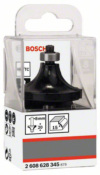Fréza značky Bosch v balení, vhodná pro práci se dřevem, úpravu hran, průměr stopky 8 mm, řezný průměr 20 mm, poloměr 15 mm.