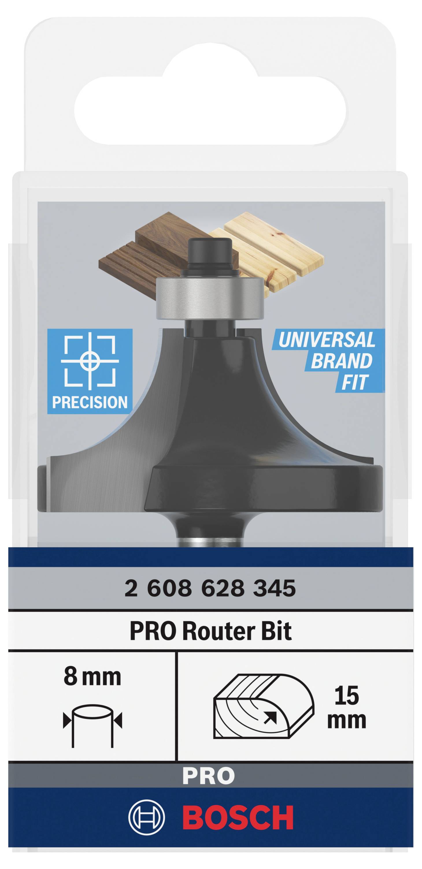 Balení s frézovacím nástavcem pro horní frézky. Text: 'PRO Router Bit', průměr 8 mm, pracovní výška 15 mm. Značka: Bosch.