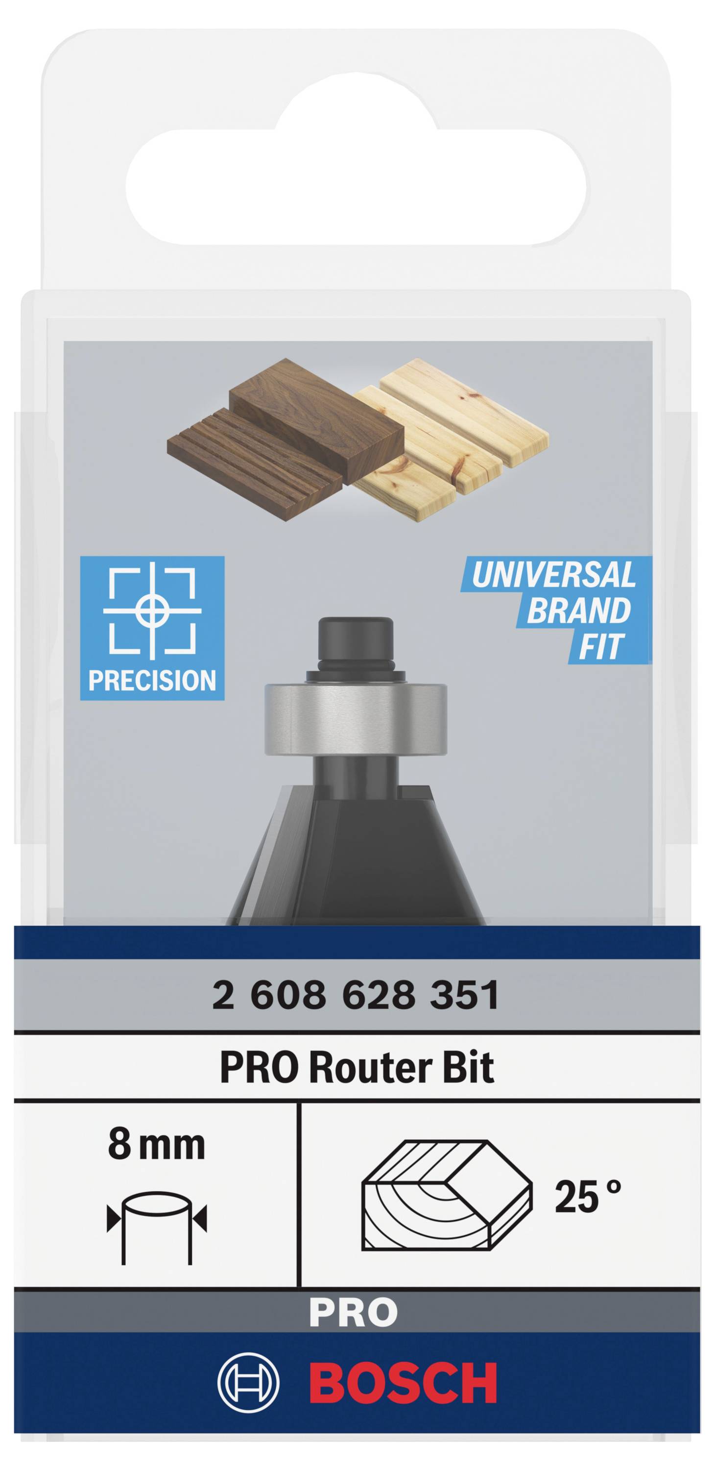 Balení Bosch Pro frézky, 8 mm, 25 stupňů, vhodné pro práci se dřevem. Obsahuje symbol přesnosti a logo univerzální kompatibility.