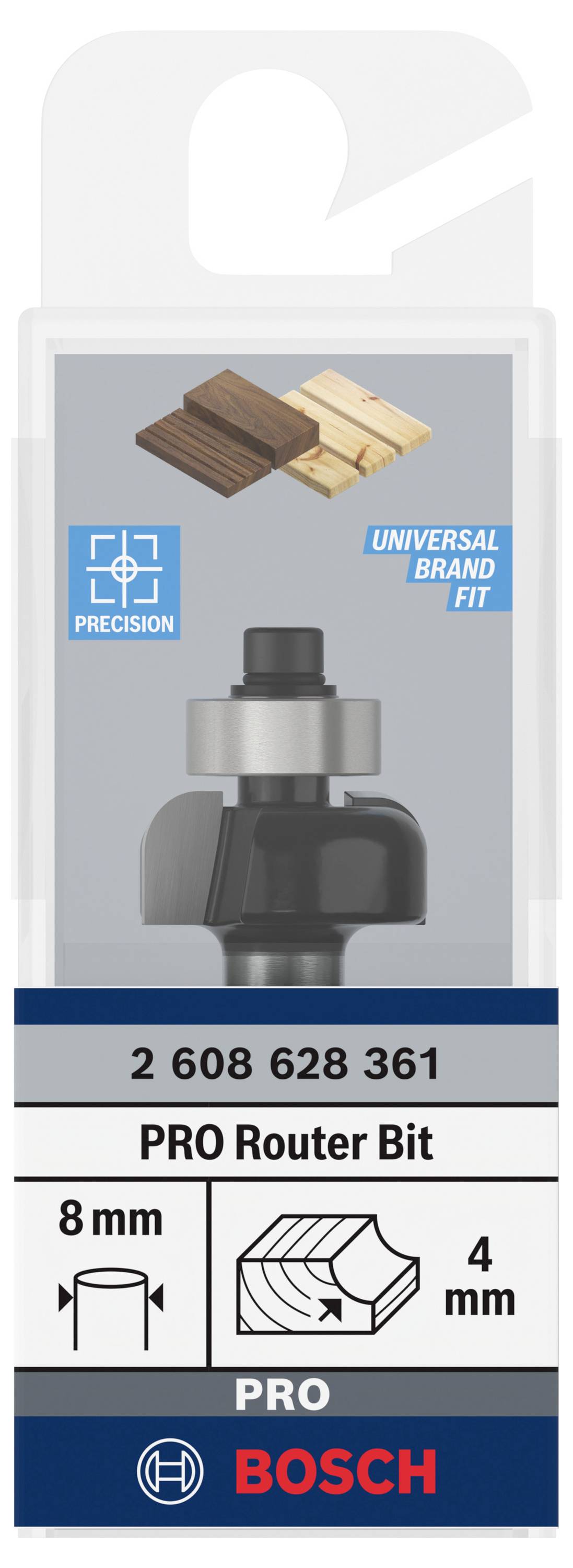 'Bosch PRO Fréza' v balení. Zobrazuje dva druhy dřeva, které lze frézovat. Průměr frézy 8 mm, řez 4 mm. Universal Brand Fit.