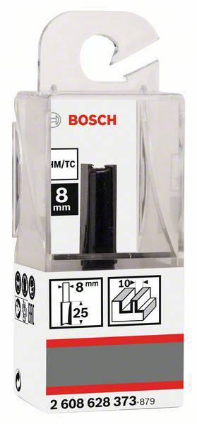 Obal frézy Bosch, průměr 8 mm. Zobrazuje grafiky specifikací a úpravy hrany.