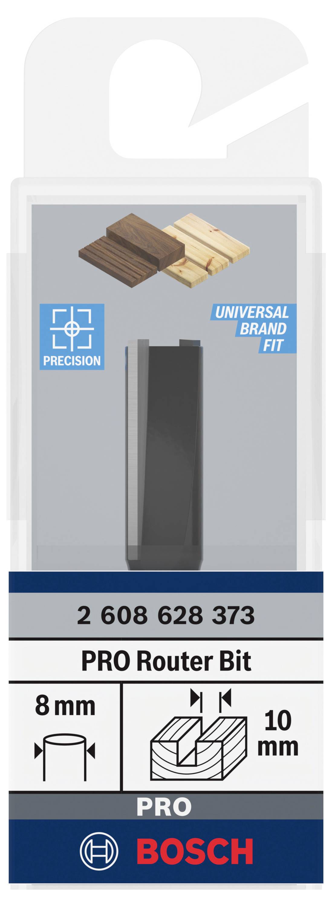 Fréza v obalu s nápisem: 'PRO Router Bit', vhodná pro dřevo, průměr 8 mm, hloubka řezu 10 mm. Logo značky dole.
