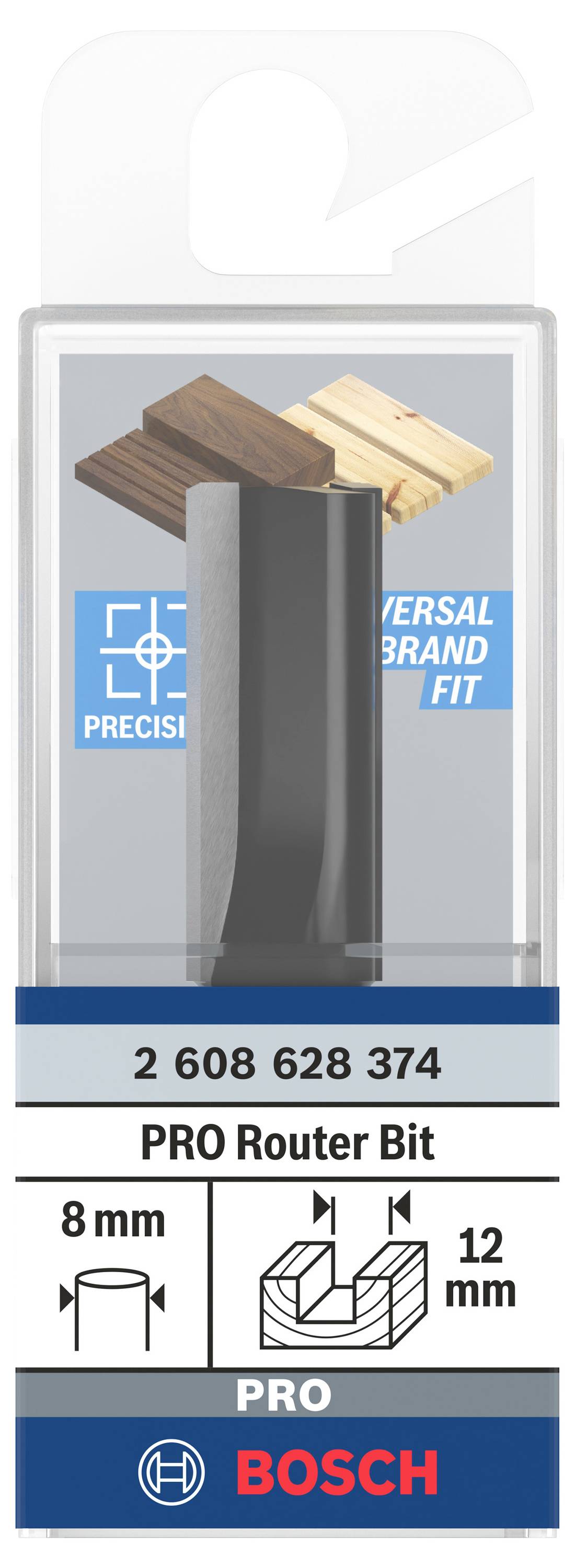 Balení frézy Bosch PRO. Zobrazuje frézu s 'Universal Brand Fit'. Rozměry: průměr 8 mm, výška řezu 12 mm.