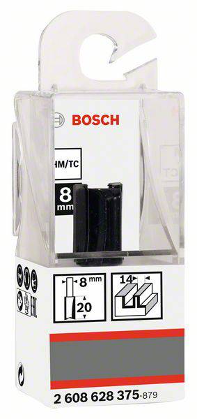 Balení Bosch frézy o průměru 8 mm, vhodné pro práci se dřevem. Obsahuje grafické znázornění použití a technické parametry.