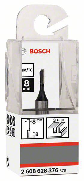 Bosch fréza na drážky, průměr 8 mm, délka řezné hrany 11 mm, vhodná pro dřevo, balená v průhledné plastové krabičce.