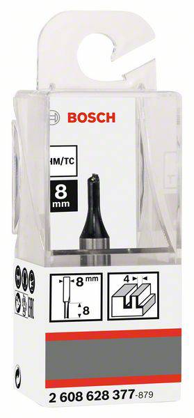 Zabalený řezný kotouč Bosch, 8 mm, s nákresem a technickými údaji pro použití. Plastový obal s závěsným otvorem.