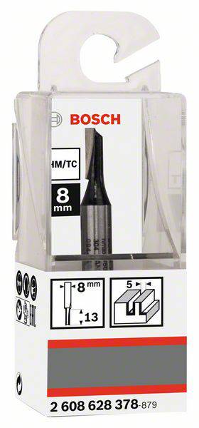 Obal pro frézovací hlavu Bosch 8 mm. Potisk obsahuje informace o velikosti a tvaru nástroje.