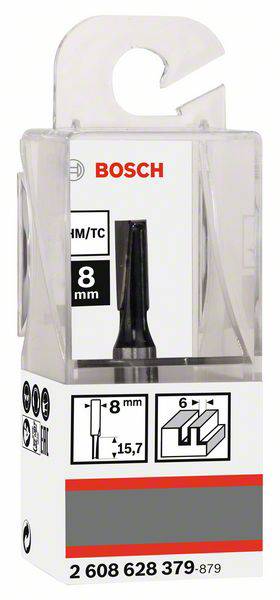 Balení frézy Bosch, průměr 8 mm, s řezným výkresem a číslem produktu 2 608 628 379-879.
