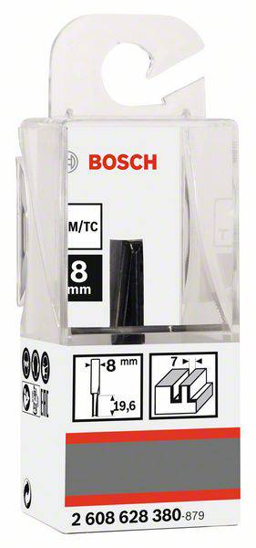 Balení frézy Bosch 8 mm s ilustracemi k použití a produktovým číslem 2 608 628 380-879. Transparentní obal s háčkem.