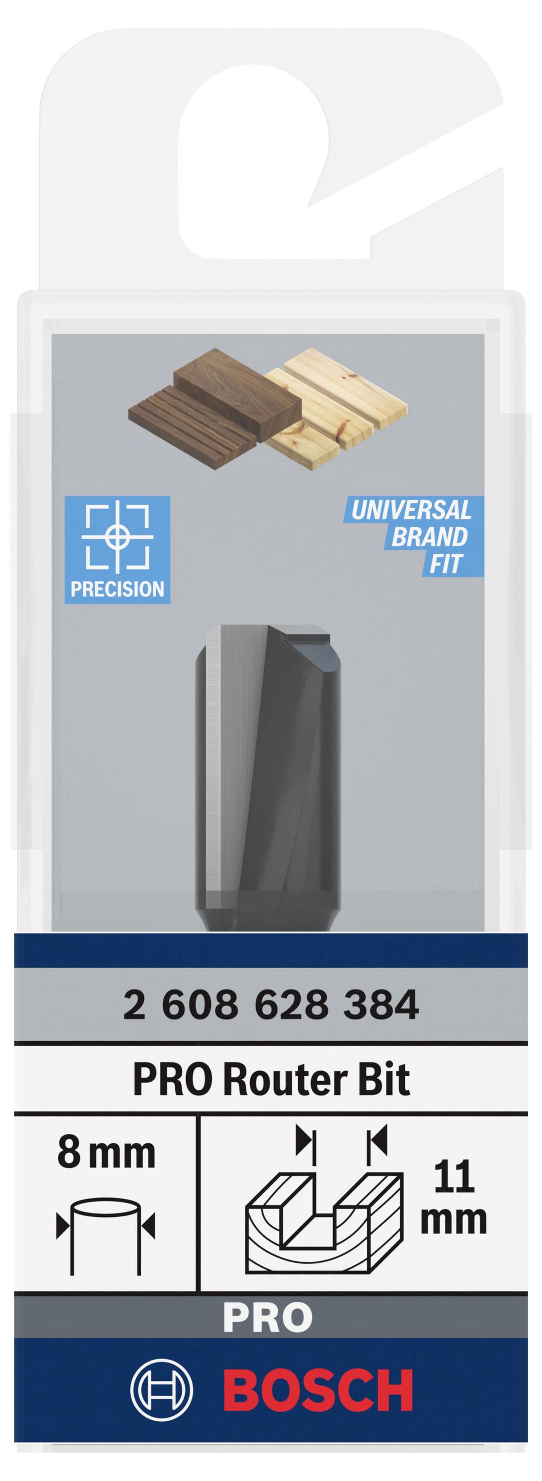'PRO Router Bit' od Bosch, vhodný pro průměr 8 mm a délku řezu 11 mm. Podporuje univerzální pasování a přesnost.