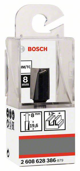 Balení frézovacího nástroje Bosch HM/TC s průměrem 8 mm v průhledném plastovém obalu.