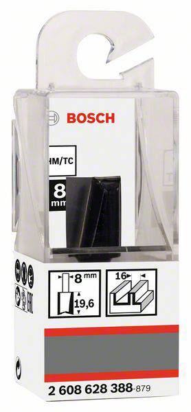 Balení frézy Bosch pro obrábění dřeva, velikost 8 mm. Obsahuje obrázek frézy a technické parametry: 8x19,6 mm, úhel 16°. Katalogové číslo umístěno dole.