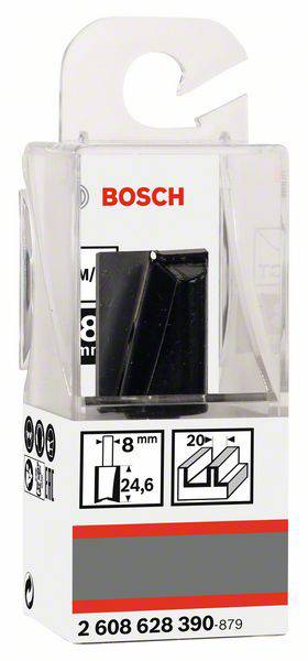 Bosch Sada frézy, průměr 8 mm, vhodná pro úhel 20°. Balení zobrazuje obrázek produktu a firemní logo.