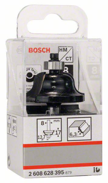 Balení frézovacího nástroje Bosch, vhodného pro stopku o průměru 8 mm. Obsahuje technické specifikace a QR kód pro další informace.