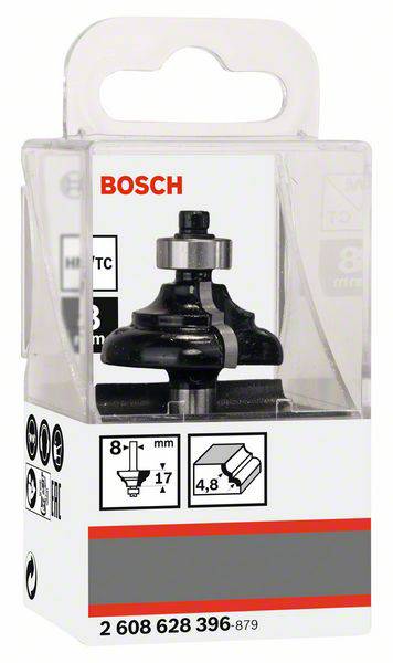 Profilová fréza Bosch v balení, průměr 8 mm, upínací stopka 8 mm, řezná část z karbidu. Vhodná pro práci se dřevem.