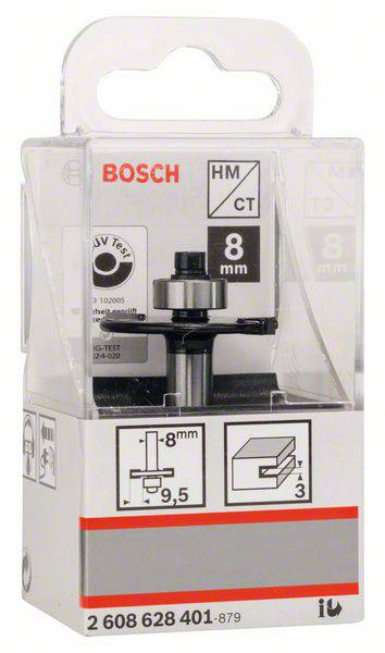 Fréza Bosch, 8 mm, v originálním balení. Balení zobrazuje produktové informace a schematický nákres frézy.