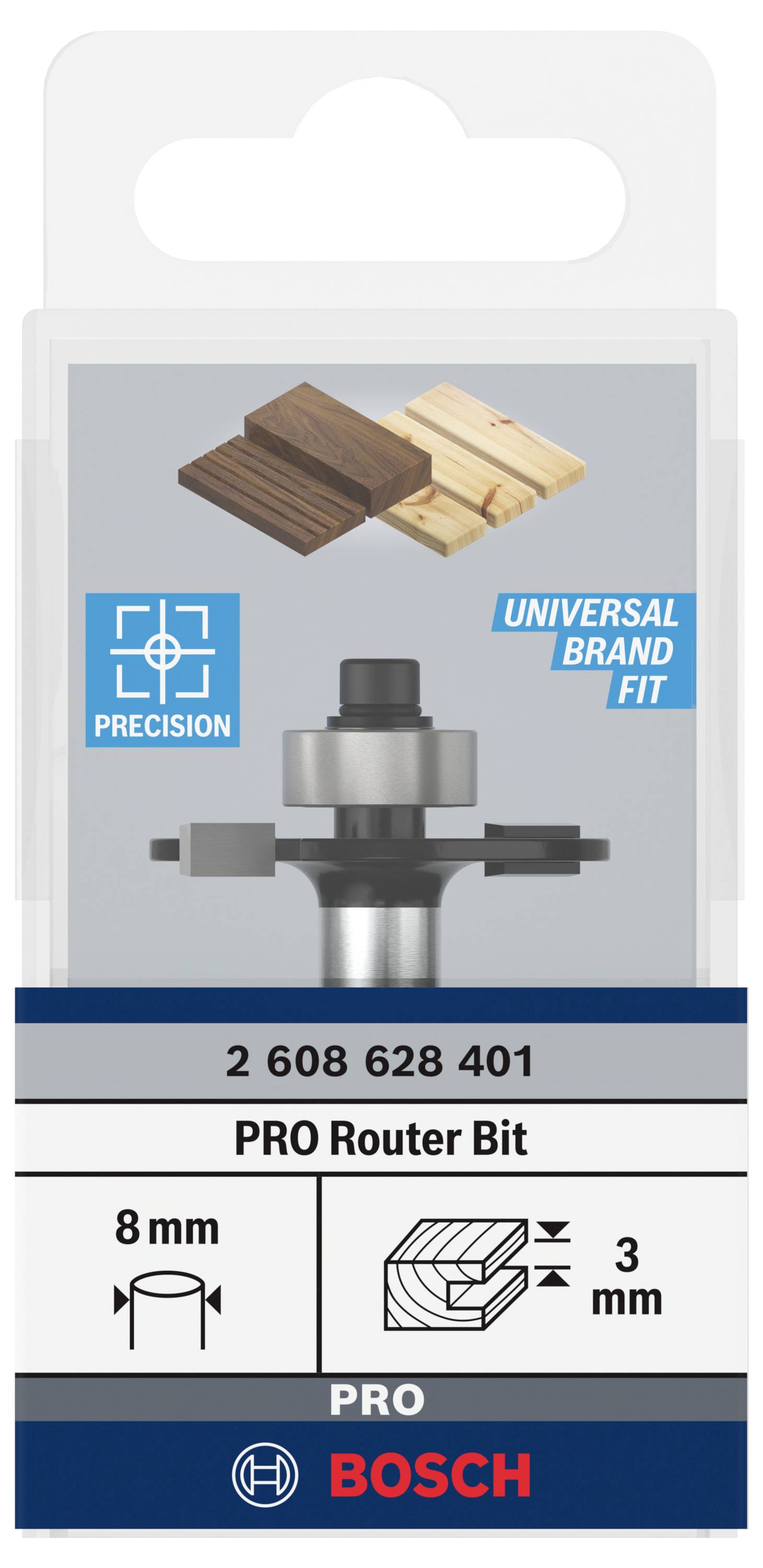 'PRO Router Bit' od Bosch pro přesné frézování, vhodný pro dřevo; průměr 8 mm, šířka řezu 3 mm, univerzální pasování.