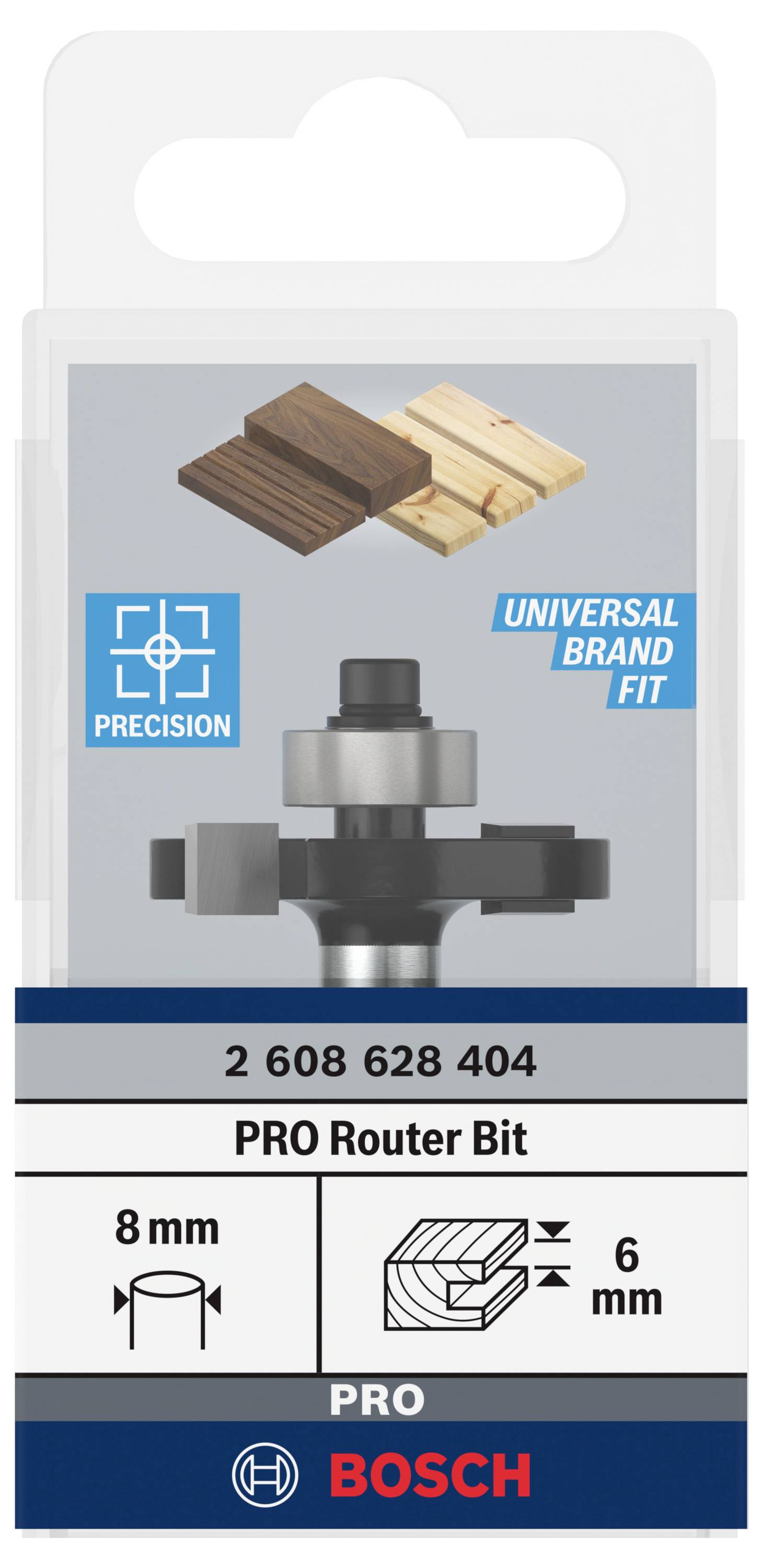 'Bosch PRO Router Bit' v balení. Vhodný pro dřevěné spoje. Průměr: 8 mm, hloubka řezu: 6 mm, přesné provedení.