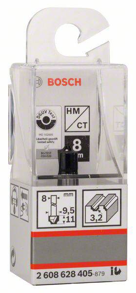 Logo 'Bosch' na průhledném obalu s popisem frézy: 'HM/CT, 8 mm, 9,5 x 11 mm'. Číslo produktu dole.