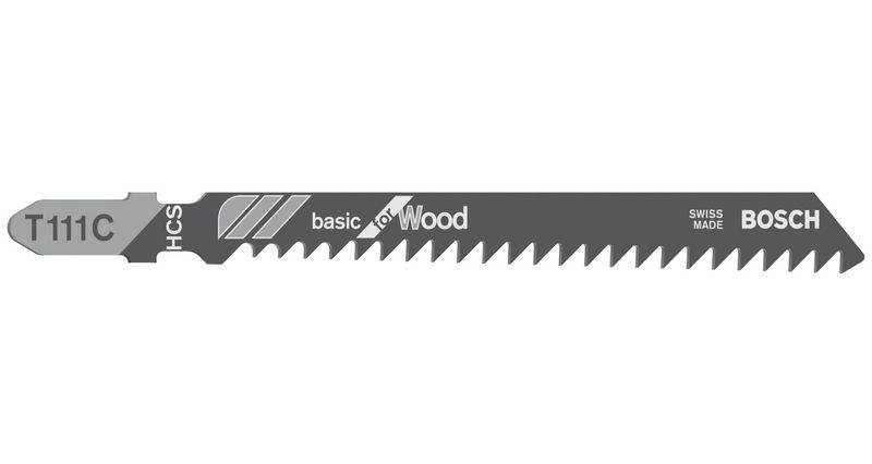 Pilový list s nápisem 'T 111 C HCS basic for Wood Bosch Swiss Made'. Vyvinut pro řezání dřeva.