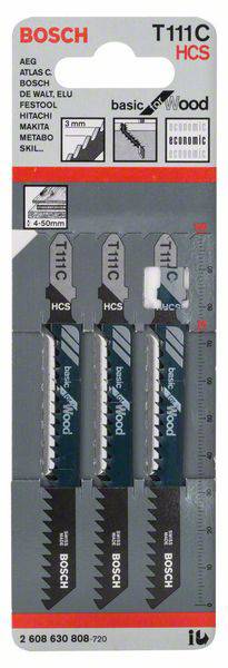 Tento obrázek ukazuje balení tří pilových plátků Bosch typu T111C určených pro dřevo. Plátky jsou dlouhé 74 mm a vhodné pro přímé řezy.
