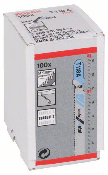 Sada pilových plátků Bosch T118A, 100 kusů. Kov, progresivní zub 1-1,5 mm. Kompatibilní s modely mnoha značek.
