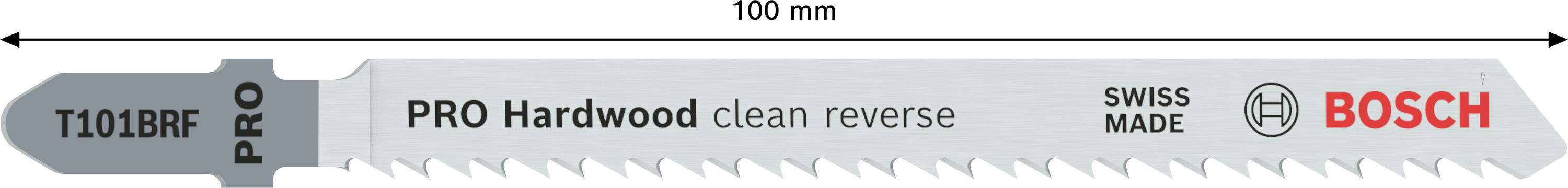 Šedý pilový list pro pilu ocasku, 100 mm, s nápisem 'PRO Hardwood clean reverse'. Logo značky 'BOSCH'. Vhodný pro řezání dřeva.