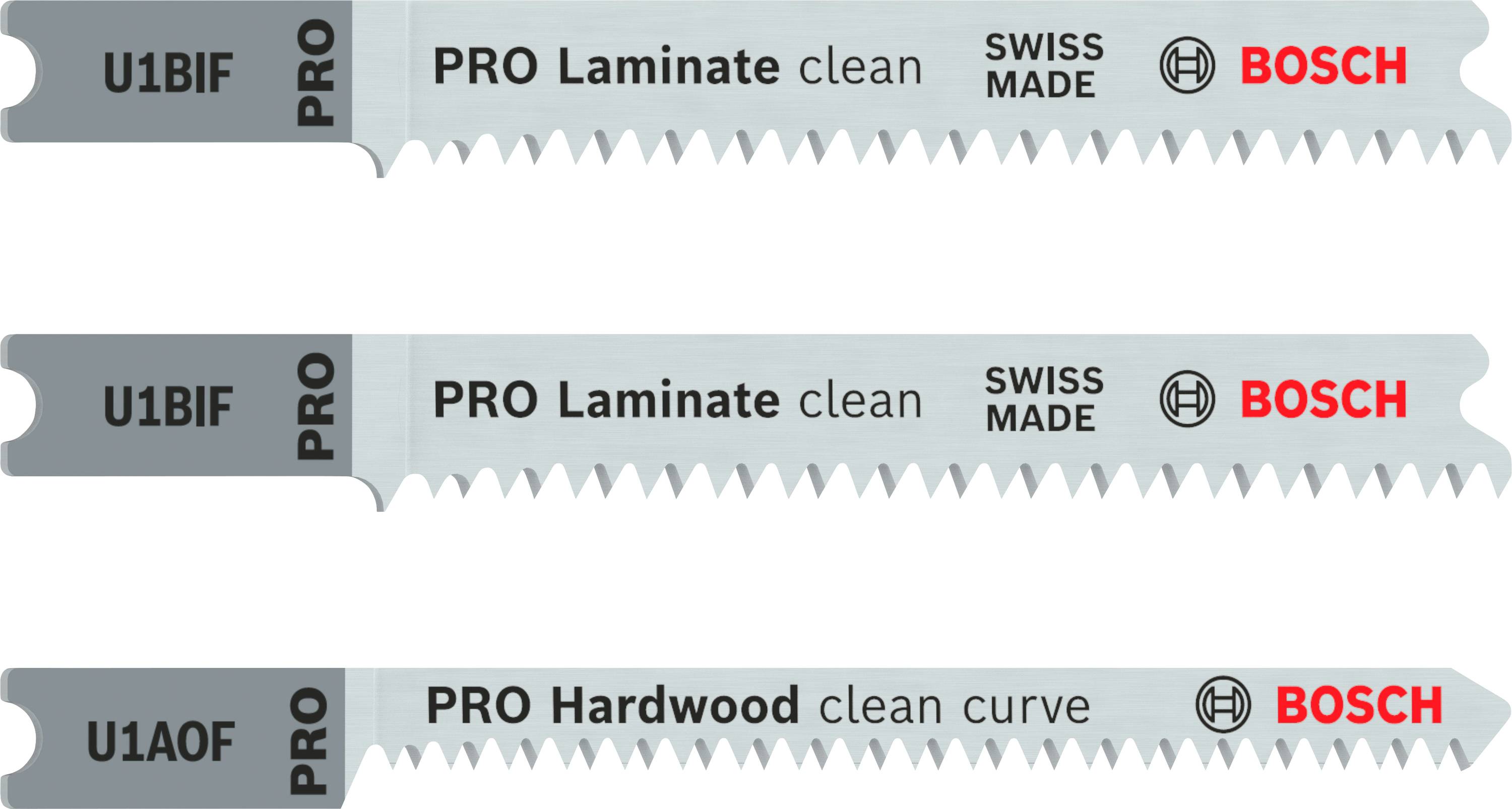 Tři pilové listy Bosch: PRO Laminate clean, PRO Hardwood clean curve. Vyrobeno ve Švýcarsku.