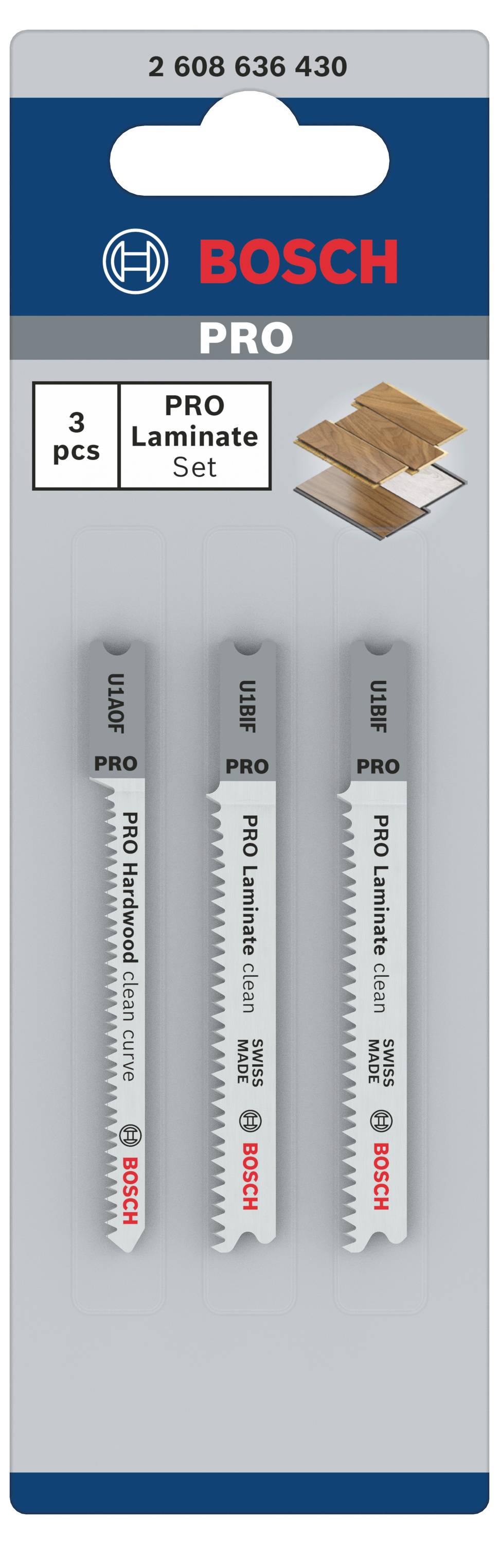 Sada tří pilových listů Bosch pro laminát. Obal zobrazuje obrázek produktu s nápisem 'PRO Laminate'.