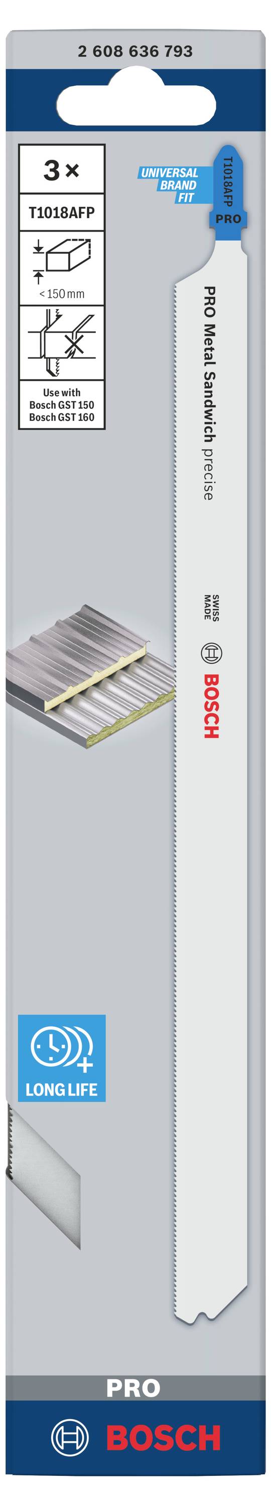 Pilový list pro pilu ocasku Bosch 3x, pro kov, dlouhodobě trvanlivý. Balení s piktogramem pro použití v kovech; ukazuje Bosch Pro kvalitu.