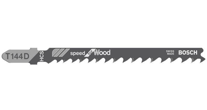 "Pilový list do ocasové pily, Bosch, model T144D, HCS, speciálně určený pro řezání dřeva; označený štítkem "speed for Wood" a "Swiss Made"."