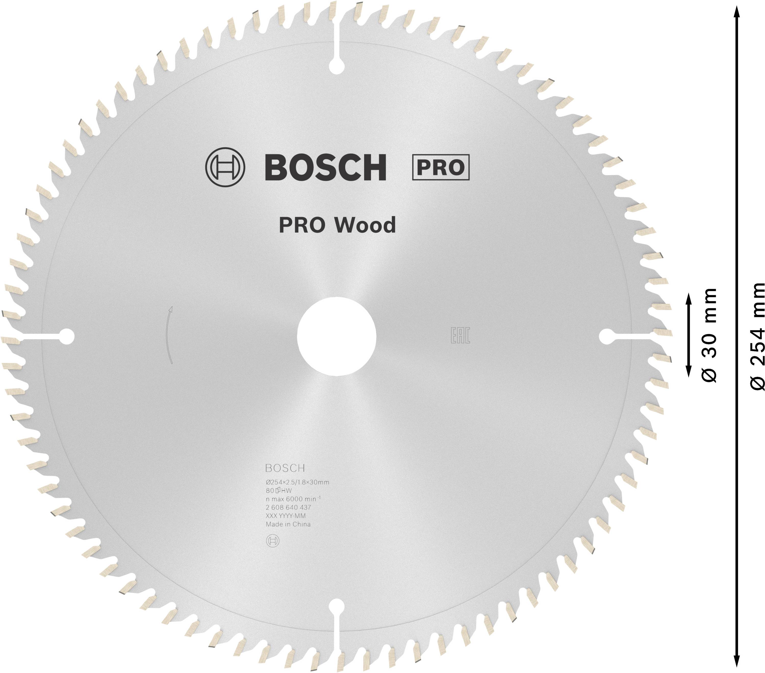 Pilový kotouč Bosch PRO Wood, průměr 254 mm, s otvorem 30 mm. Vhodný pro přesné řezání dřevěných materiálů.
