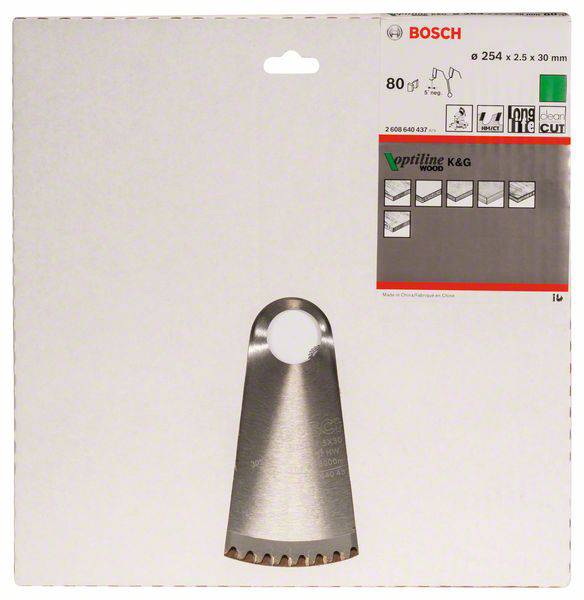 Balení pilového listu Bosch. Model 'Optiline Wood' pro dřevo. Průměr 254 mm, 80 zubů, trvanlivý a přesný.