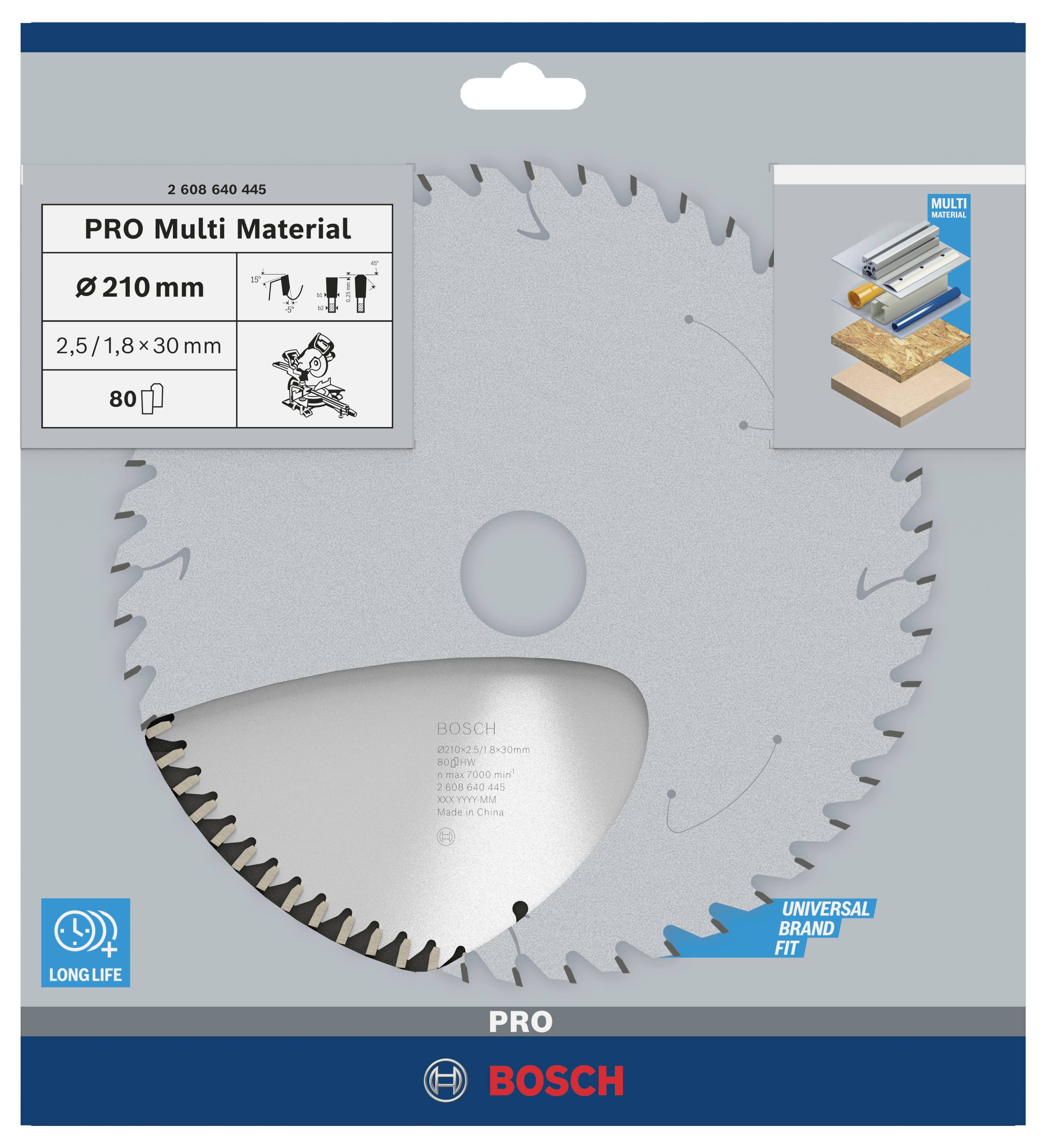 Pilový kotouč pro více materiálů, Ø 210 mm, 80 zubů, ideální pro práce se dřevem a kovem, s etiketou 'Universal Brand Fit'.
