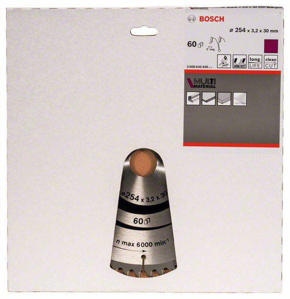 List pilového kotouče pro okružní pilu Bosch, průměr 254 mm, vhodný pro různé materiály. Obal zobrazuje detaily a logo značky.