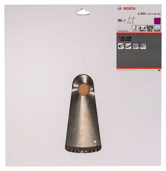 Balení pilového kotouče Bosch, víceúčelový, s 96 zuby a rozměry 305 x 3,2 x 30 mm, pro přesný řez a dlouhou životnost.