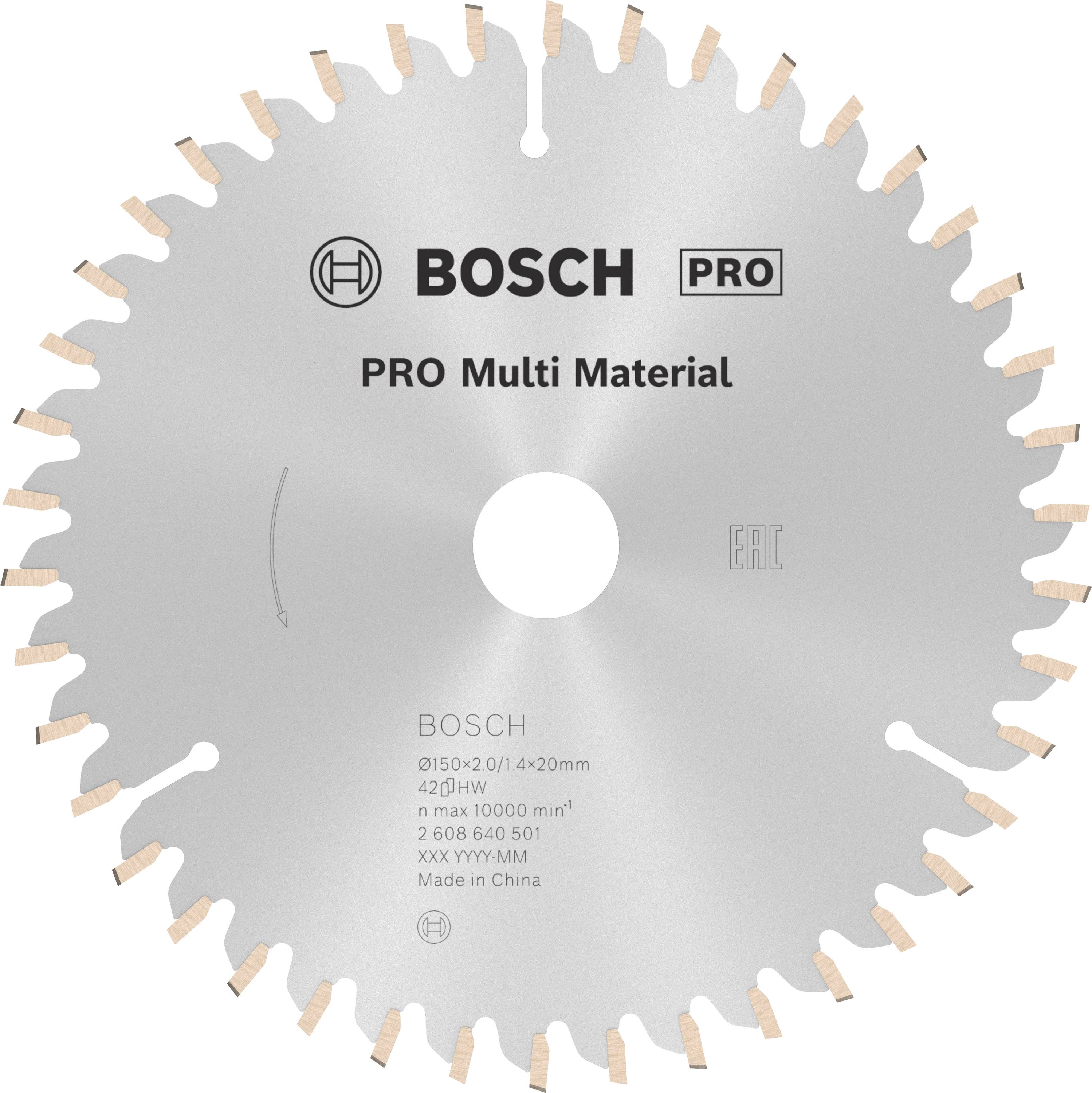 Pilový kotouč s nápisem 'BOSCH PRO Multi Material', průměr 150 mm, maximálně 10.000 otáček/min.