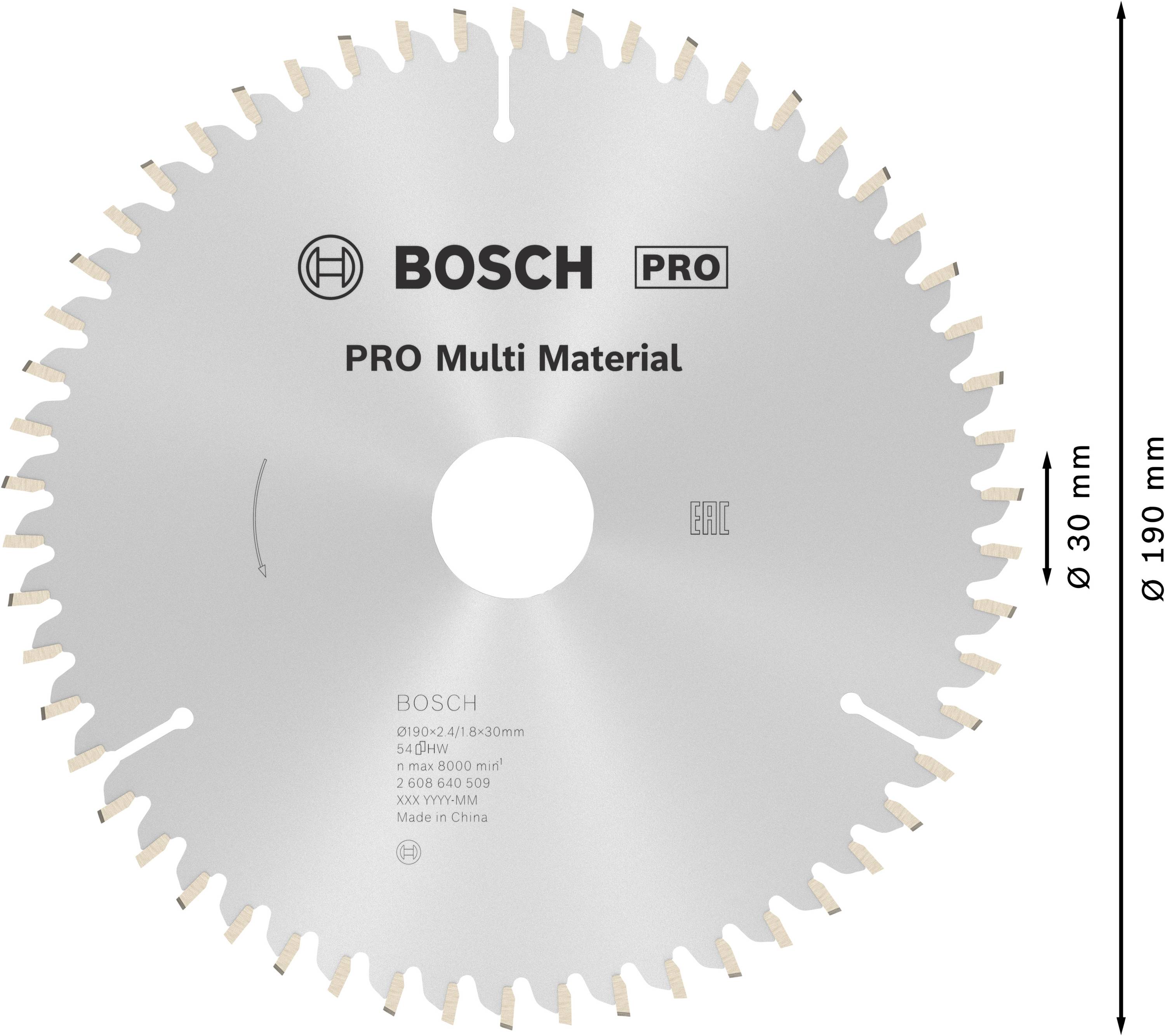Pilový kotouč 'BOSCH PRO Multi Material', Ø190 mm, průměr otvoru 30 mm, vhodný pro různé materiály.