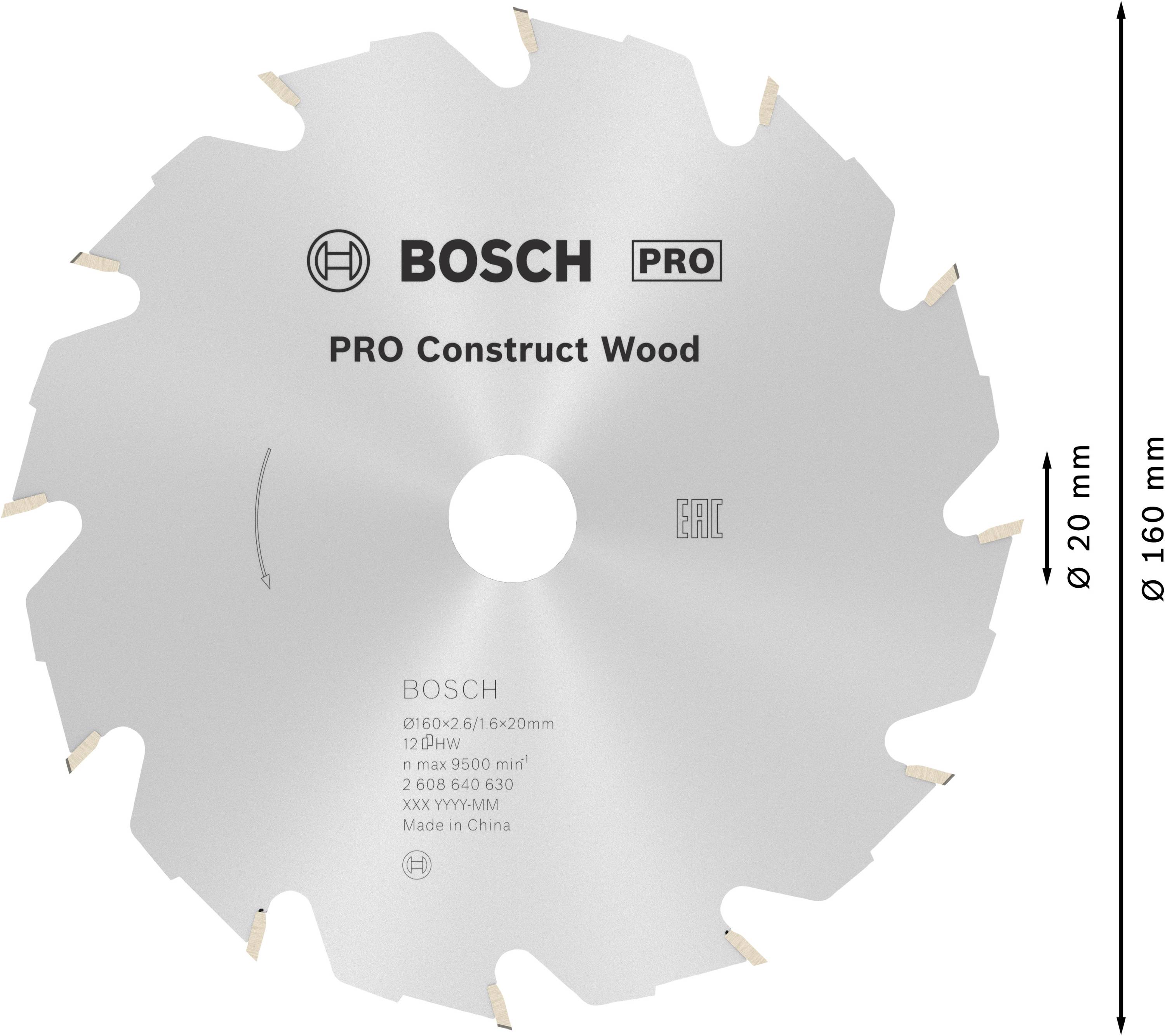 Pilový kotouč značky Bosch, model 'Pro Construct Wood', průměr 160 mm, 12 zubů, pro řezání dřeva, z Číny.