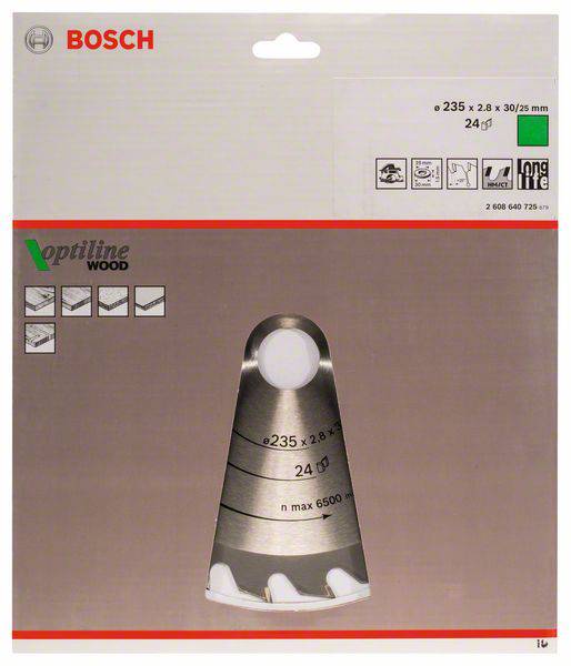 Balení pilového listu Bosch Optiline Wood. Rozměry: 235 x 2,8 x 30/25 mm. 24 zubů. Vhodné pro dřevo.