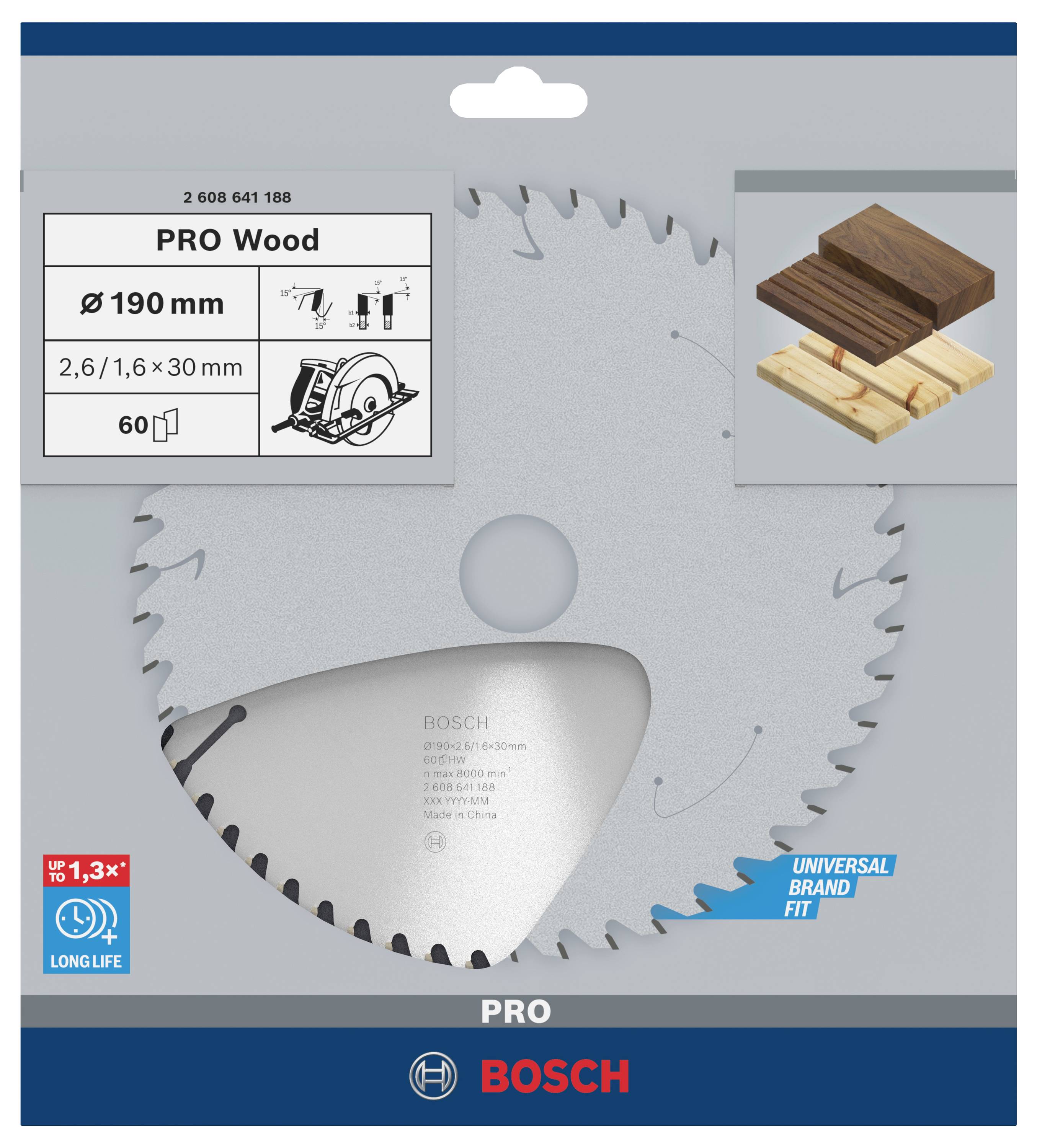Pilový kotouč na dřevo, průměr 190 mm, vhodný pro univerzální značky. Zobrazeny jsou kusy dřeva jako příklad použití.