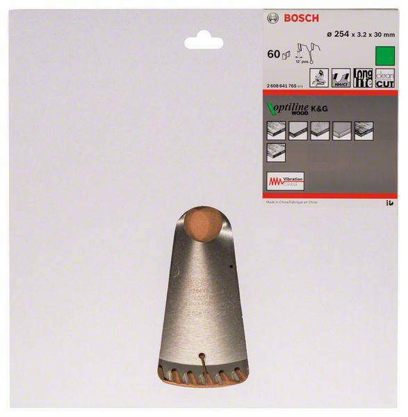 Balení pilového kotouče Bosch, vhodného pro práci se dřevem, se specifikacemi: 254 x 3,2 x 30 mm, 60 zubů.