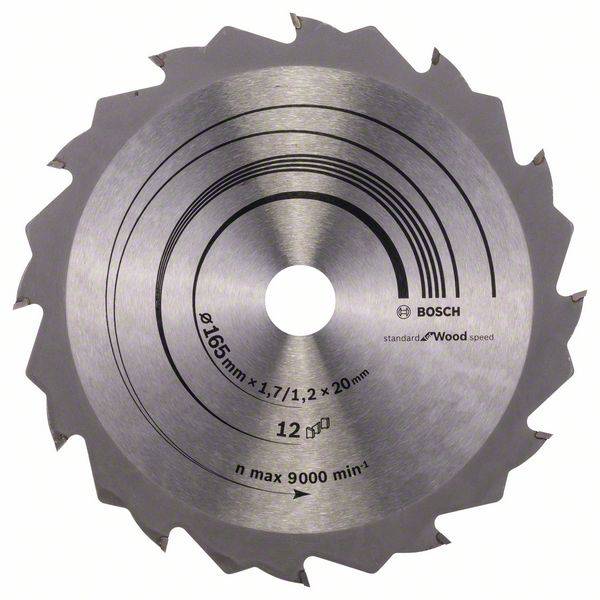 Kovový pilový kotouč se zubaným okrajem s nápisem 'Ø165mm x 1,7/1,2 x 20mm, n max 9000 min⁻¹', vhodný pro dřevo.