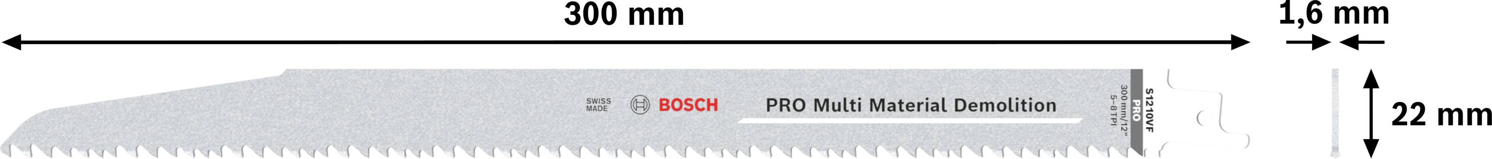List pily ocasky; délka 300 mm, šířka 22 mm, tloušťka 1,5 mm; vhodný pro univerzální bourání; značka: Bosch.